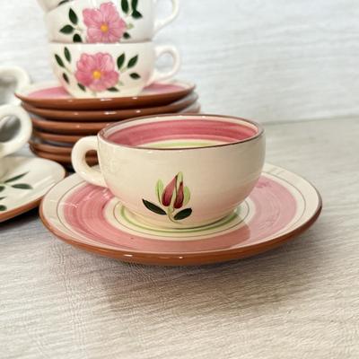 LOT 280: Vintage Stangl Wild Rose Tea Cups & Saucers w/ Sugar Bowl, Creamer & Pitcher