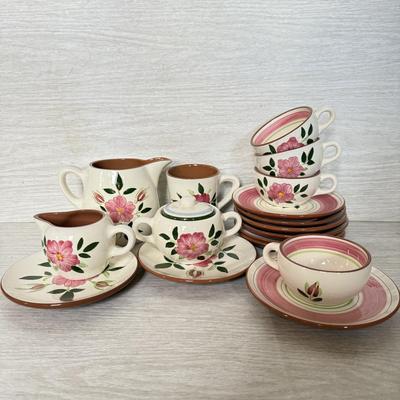 LOT 280: Vintage Stangl Wild Rose Tea Cups & Saucers w/ Sugar Bowl, Creamer & Pitcher