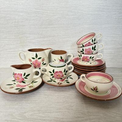 LOT 280: Vintage Stangl Wild Rose Tea Cups & Saucers w/ Sugar Bowl, Creamer & Pitcher