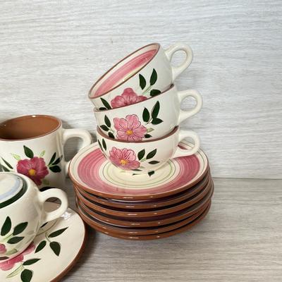 LOT 280: Vintage Stangl Wild Rose Tea Cups & Saucers w/ Sugar Bowl, Creamer & Pitcher