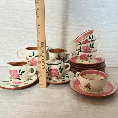 LOT 280: Vintage Stangl Wild Rose Tea Cups & Saucers w/ Sugar Bowl, Creamer & Pitcher