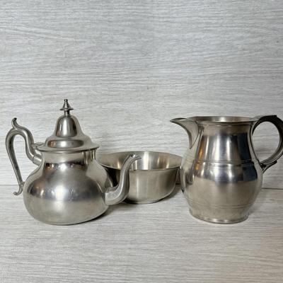 LOT 283K: Woodbury Pewter Tea Pot & Pitcher w/ 1985 Danforth Pewter Bowl
