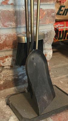 LOT 287F: Fireplace Screen, Tools & Vintage Bellows w/ Ship Motif