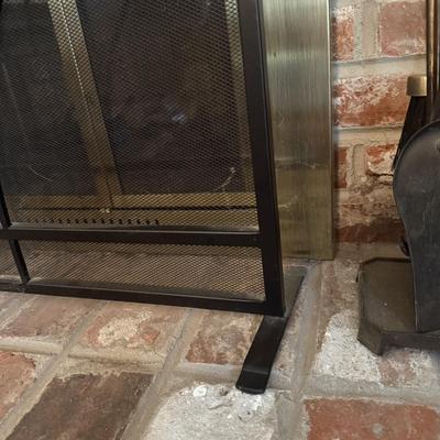 LOT 287F: Fireplace Screen, Tools & Vintage Bellows w/ Ship Motif