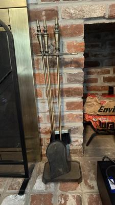 LOT 287F: Fireplace Screen, Tools & Vintage Bellows w/ Ship Motif