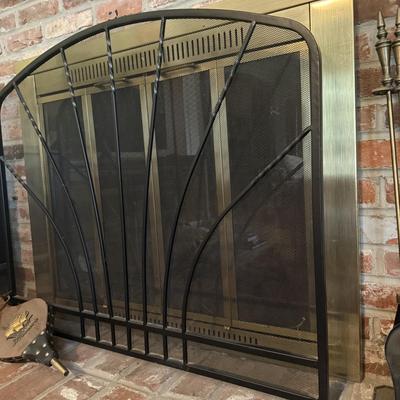 LOT 287F: Fireplace Screen, Tools & Vintage Bellows w/ Ship Motif