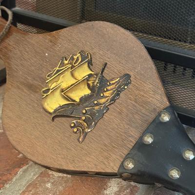 LOT 287F: Fireplace Screen, Tools & Vintage Bellows w/ Ship Motif