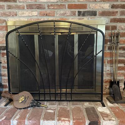 LOT 287F: Fireplace Screen, Tools & Vintage Bellows w/ Ship Motif