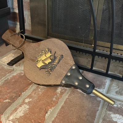 LOT 287F: Fireplace Screen, Tools & Vintage Bellows w/ Ship Motif