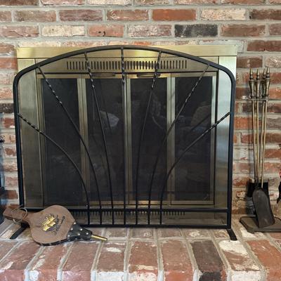 LOT 287F: Fireplace Screen, Tools & Vintage Bellows w/ Ship Motif