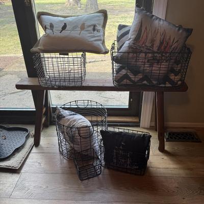 LOT 289F: Rustic Wood Bench w/ Hearth & Hand Baskets and Beautiful Throw Pillows