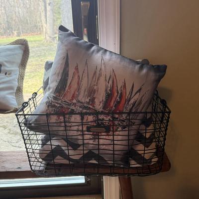 LOT 289F: Rustic Wood Bench w/ Hearth & Hand Baskets and Beautiful Throw Pillows