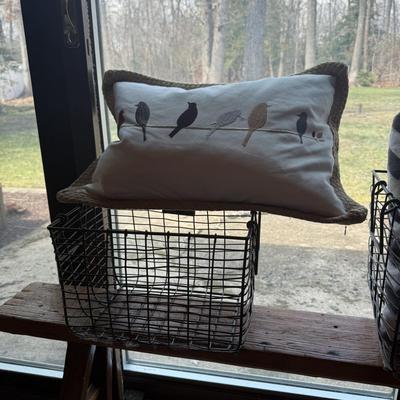 LOT 289F: Rustic Wood Bench w/ Hearth & Hand Baskets and Beautiful Throw Pillows