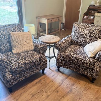 LOT 291F: Pair of Cindy Crawford at Home Paisley Armchairs w/ Rustic Wood Top End Table