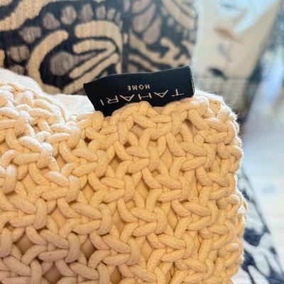 LOT 291F: Pair of Cindy Crawford at Home Paisley Armchairs w/ Rustic Wood Top End Table