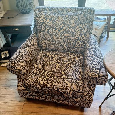 LOT 291F: Pair of Cindy Crawford at Home Paisley Armchairs w/ Rustic Wood Top End Table