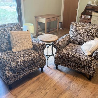 LOT 291F: Pair of Cindy Crawford at Home Paisley Armchairs w/ Rustic Wood Top End Table