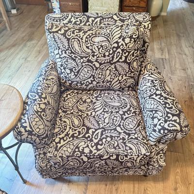 LOT 291F: Pair of Cindy Crawford at Home Paisley Armchairs w/ Rustic Wood Top End Table