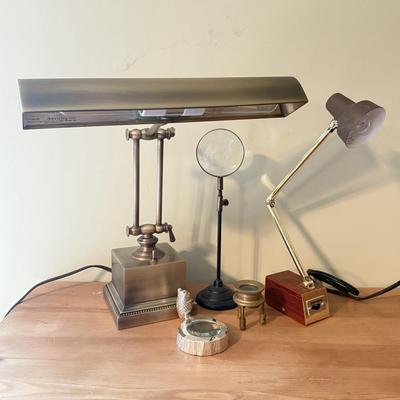 LOT 302F: Brass Vintage Office Lamps & Magnifying Glasses