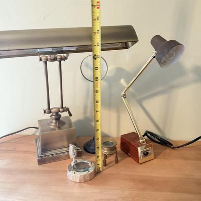 LOT 302F: Brass Vintage Office Lamps & Magnifying Glasses