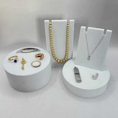 LOT 311J: 17” Vintage Faux Pearl Necklace, Monet Pin, Rings & Pendants