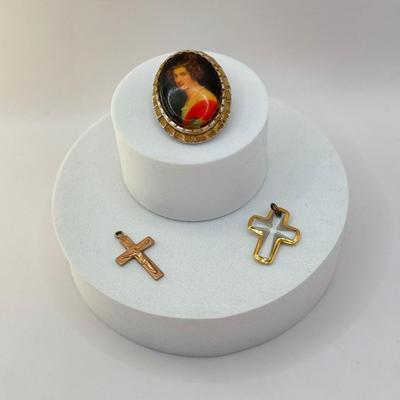 LOT 315J: Vintage 1950s West Germany Porcelain “Pin of Pretty Lady” & Two Vintage Cross Pendants
