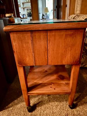 Vintage Wooden Side Table on Wheels