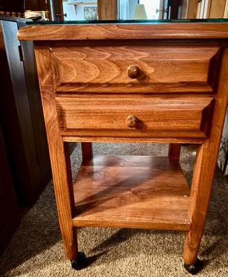 Vintage Wooden Side Table on Wheels