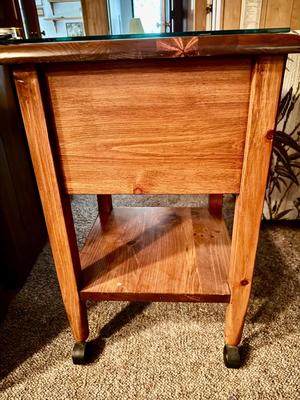 Vintage Wooden Side Table on Wheels