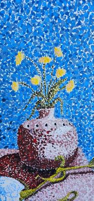 Original Lovely Still Life Painting in Pointillist Style, Vintage