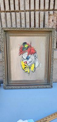 Original Vintage Pennywise Clown Painting in Ornate Frame Signed E.