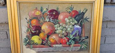 Vintage Original Fruit still Life in Basket Painting Signed in Nice Frame