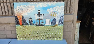 Naive Painting 1964 cemetery crosses angels Grim Reaper Heaven and Hell! 1963