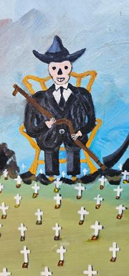 Naive Painting 1964 cemetery crosses angels Grim Reaper Heaven and Hell! 1963