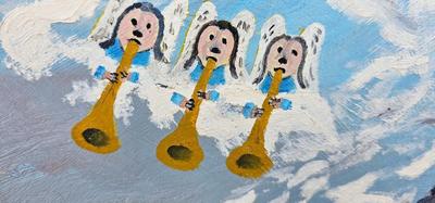 Naive Painting 1964 cemetery crosses angels Grim Reaper Heaven and Hell! 1963