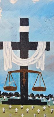 Naive Painting 1964 cemetery crosses angels Grim Reaper Heaven and Hell! 1963