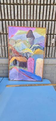 Painting of Village, Road, Hills done abstractly in Pastel Colors