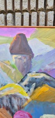 Painting of Village, Road, Hills done abstractly in Pastel Colors