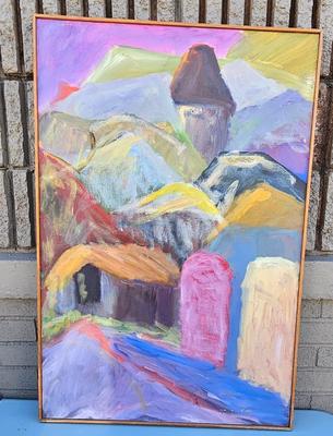 Painting of Village, Road, Hills done abstractly in Pastel Colors