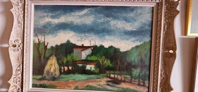 Large Pastoral Painting of Farmhouse with stack of Hay, Ornate Frame