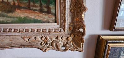Large Pastoral Painting of Farmhouse with stack of Hay, Ornate Frame