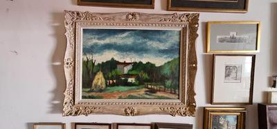 Large Pastoral Painting of Farmhouse with stack of Hay, Ornate Frame