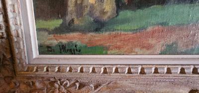 Large Pastoral Painting of Farmhouse with stack of Hay, Ornate Frame