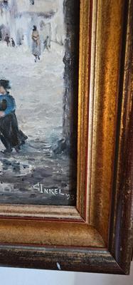 Painting of street with Donkey and two people Signed C Inkel '93