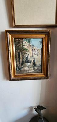 Painting of street with Donkey and two people Signed C Inkel '93