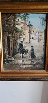 Painting of street with Donkey and two people Signed C Inkel '93