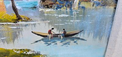 Framed Painting of Boat in water with Rural Scene Mountains