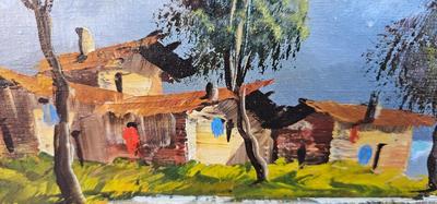 Framed Painting of Boat in water with Rural Scene Mountains