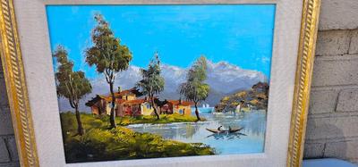 Framed Painting of Boat in water with Rural Scene Mountains