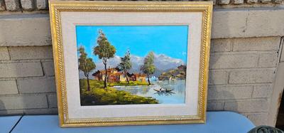 Framed Painting of Boat in water with Rural Scene Mountains